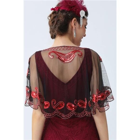 Shawl Wraps Sequin Beaded Cape Black Red - Picture 4 of 6